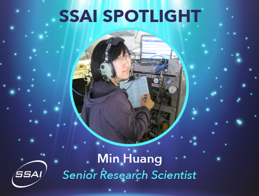 Picture of Min Huang, working at a computer console, looking back over her shoulder at the camera. Her name and title, Senior Research Scientist, appear underneath her picture and the words SSAI Spotlight appear at the top of the image.
